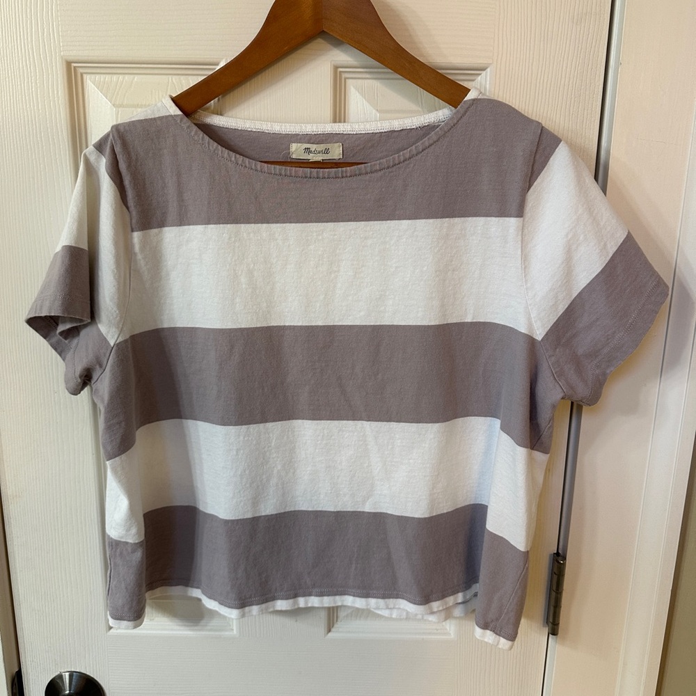 Madewell Short Sleeve Boxy Tee in White and Light Taupe Stripe